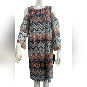 NWT Woman's Geometric Boho Hippie Cold Shoulder Sleeves Navy Rust R & K Dress